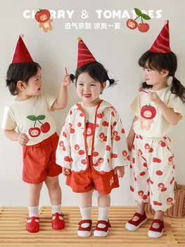 Mergaičių Vasaros Kostiumas Mielas Pomidorų Spausdinti Plonas Kailis Kūdikių Raudoni Šortai Vidutinio Ilgio (T-shirt