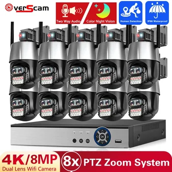 HD 8MP 4K Lauko Kamera, Wifi, Dual Objektyvas 8X Digital Zoom 10CH AI Auto Sekimas apsauga nuo vagystės Signalizacijos Sirena Security CCYV Fotoaparato Rinkinys
